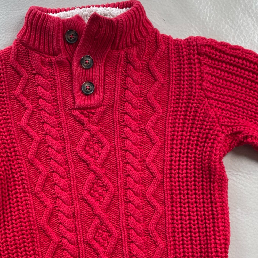 Like New Cable Knit Red Christmas Sweater, Henley Mock Neck, Sherpa Collar